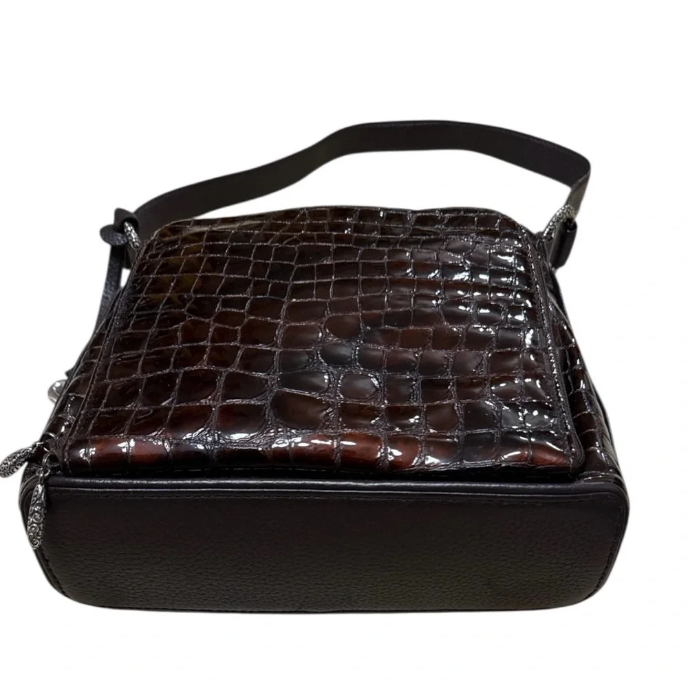 Brighton Croc‑Embossed Patent Leather Shoulder Bag – Metallic Copper Brown